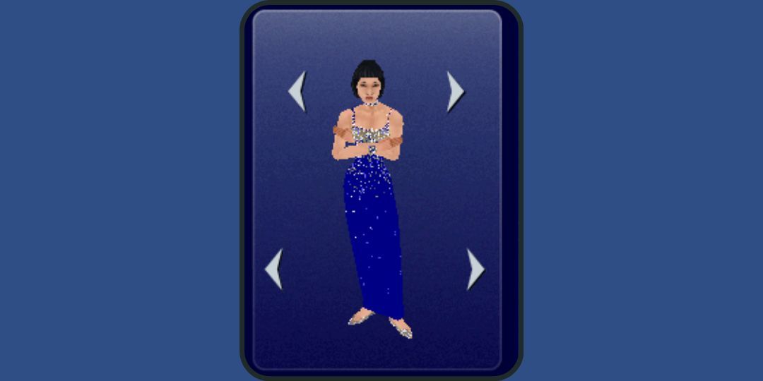 A Sim models a bright blue dress with sparkles.