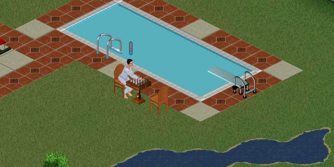 A male Sim plays chess besides the pool.