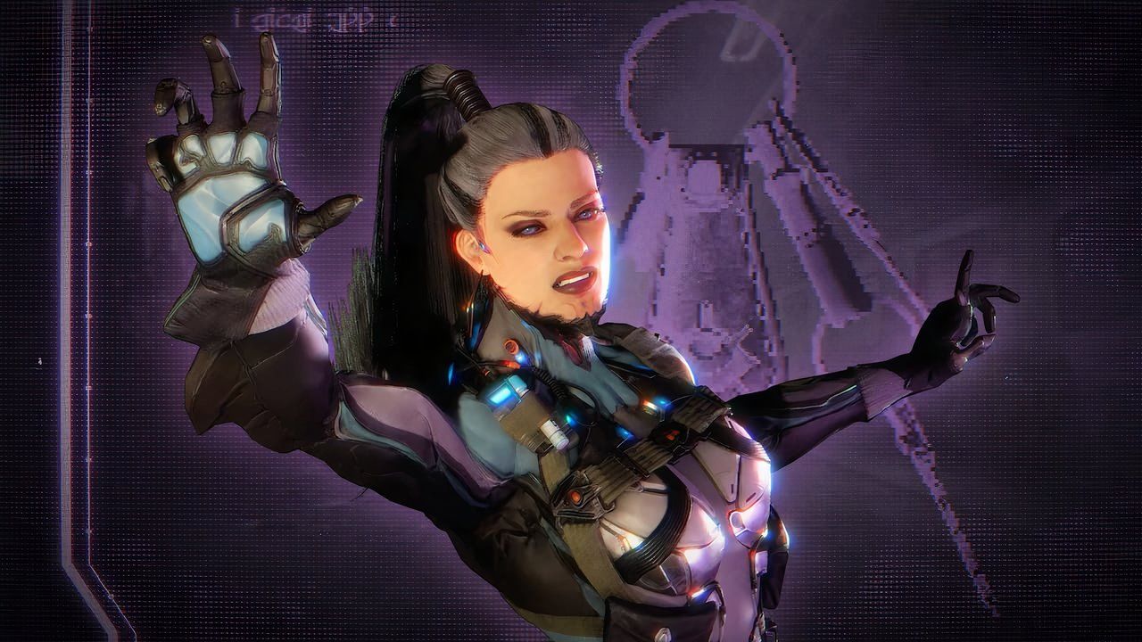 Eleanor Nightingale from Warframe pointing her hand forward.