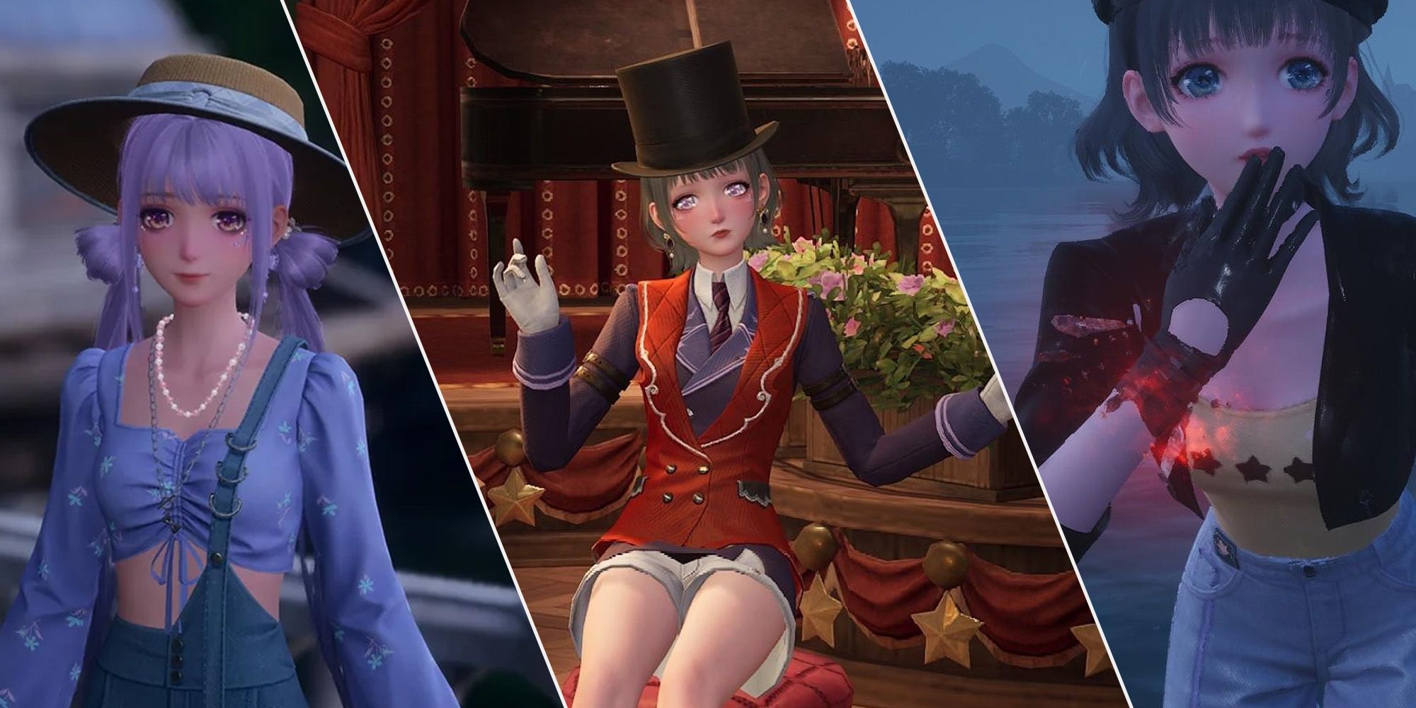Three assorted Infinity Nikki outfits showcase buyable in-game clothing items.