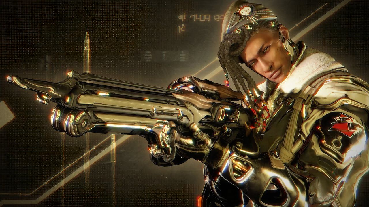 Quincy Isaacs from Warframe aiming his sniper rifle. 