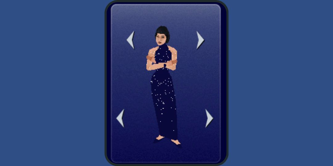 A sim wears a gown in midnight blue with sheer shoulders and sparkles.