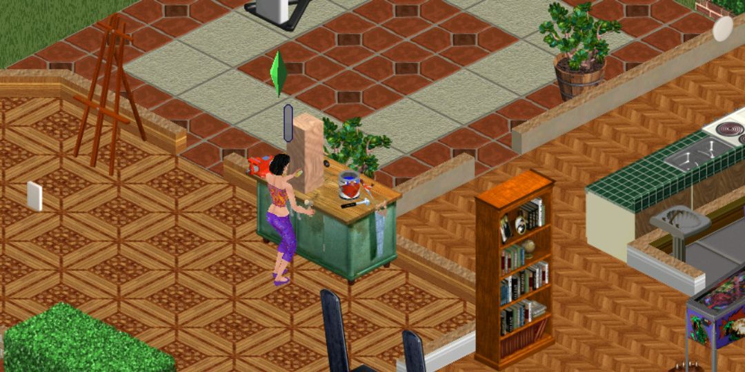 A female Sim works on building a gnome out of wood.