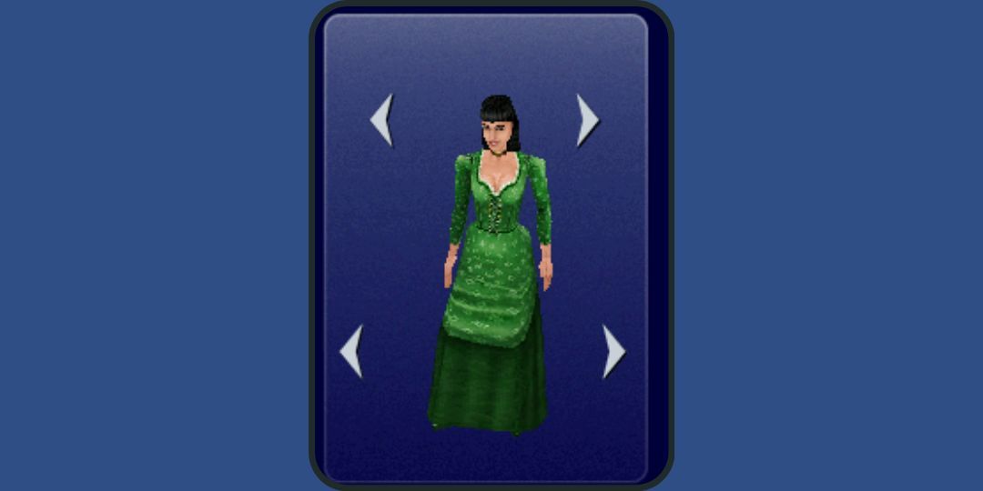 A Sim with dark hair models a green dress with a long skirt and a green corset.