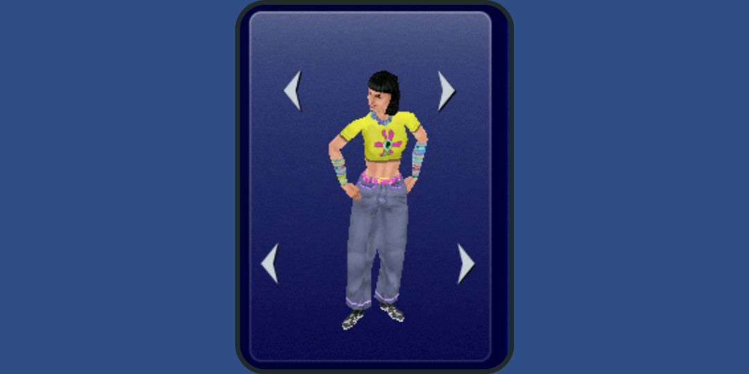 A Sim wears a yellow top and low rise jeans.