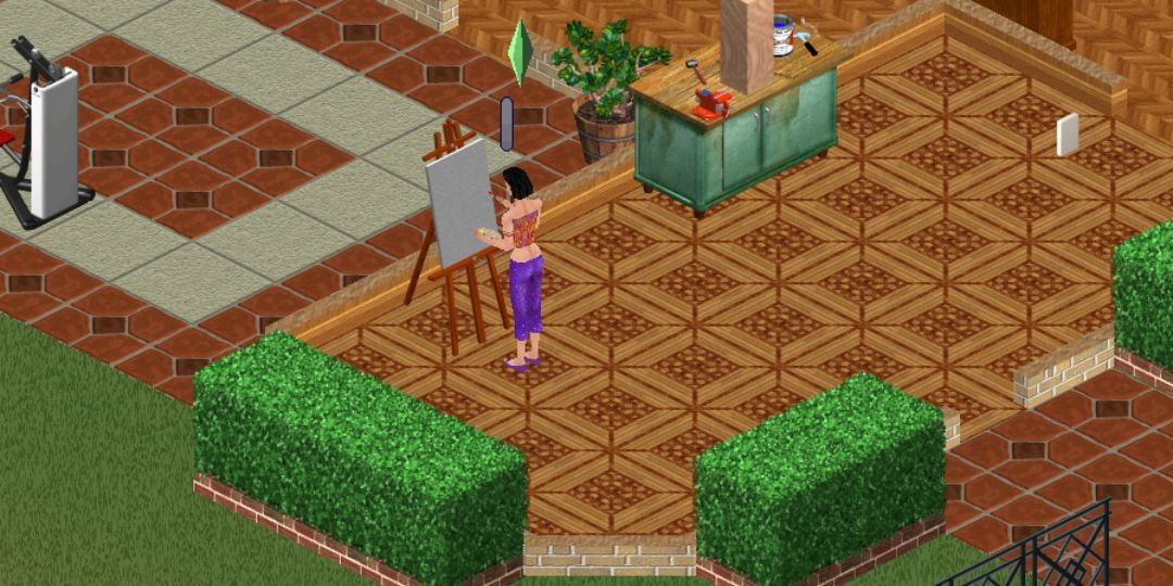 A female Sim paints a picture on an easel.