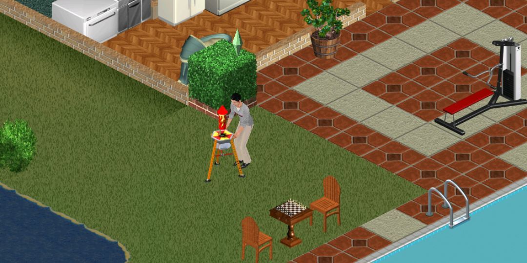 A male Sim sets off a firework in the backyard.