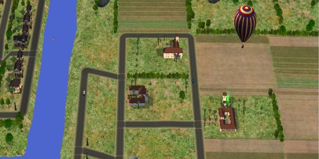 The tiny, Italian themed town of Veronaville is shown. It has vast rolling fields alongside mansions.