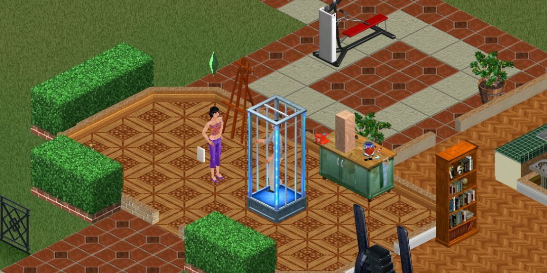 A male Sim dances in a Go Go cage while a female Sim watches.