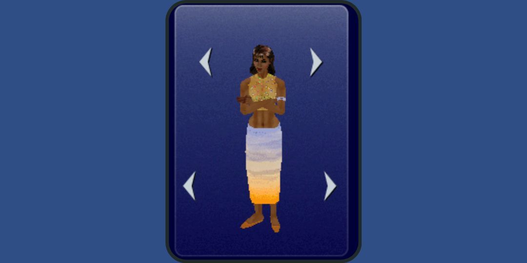 A Sim models a glittery gold top and a sunset colored skirt.