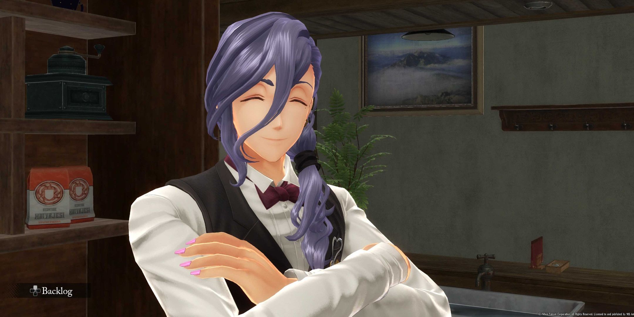 A bartender with purple hair smiling with his arms crossed