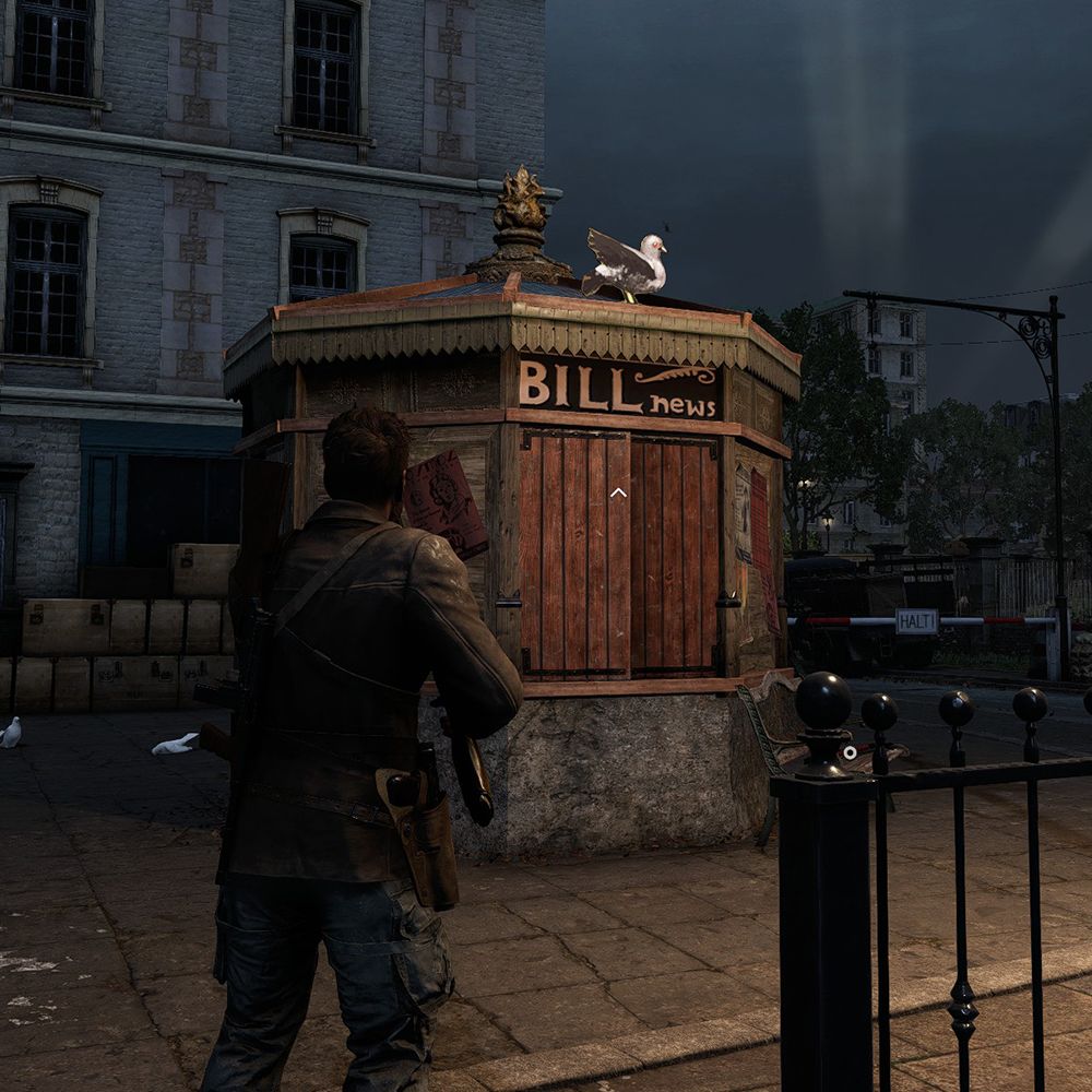 A cardboard pigeon on a news kiosk in Sniper Elite Resistance