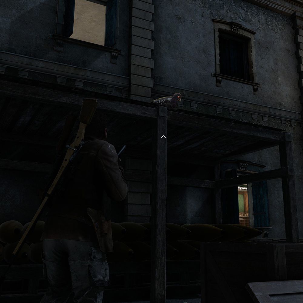 A cardboard pigeon on a wooden ledge in Sniper Elite Resistance