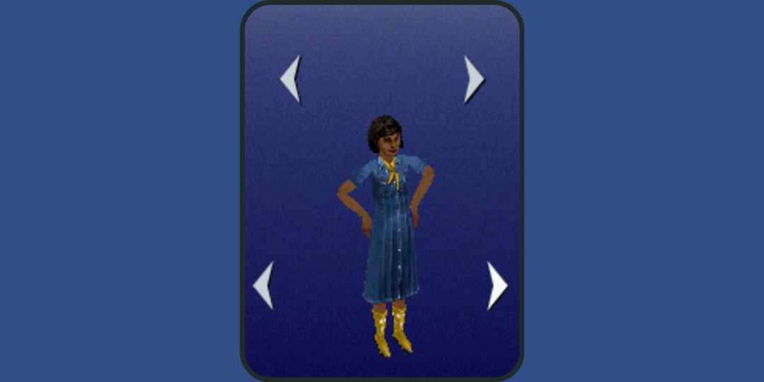 A child sim wears a denim dress with a yellow necktie and boots in The Sims.