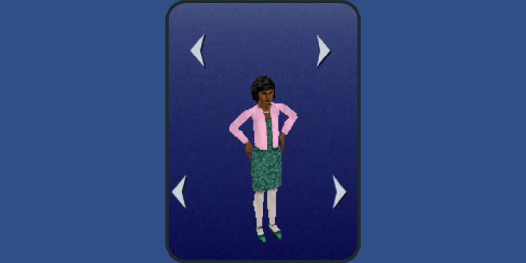 A child sim wears a green dress with a pink cardigan in The Sims.