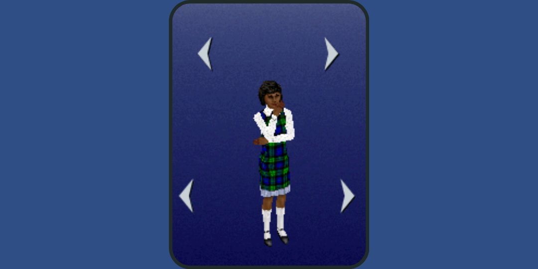 A child sim wears a plaid dress in The Sims.