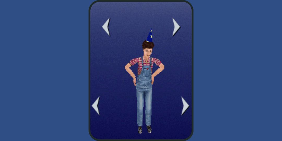 A child sim wears a striped shirt with overalls in The Sims.