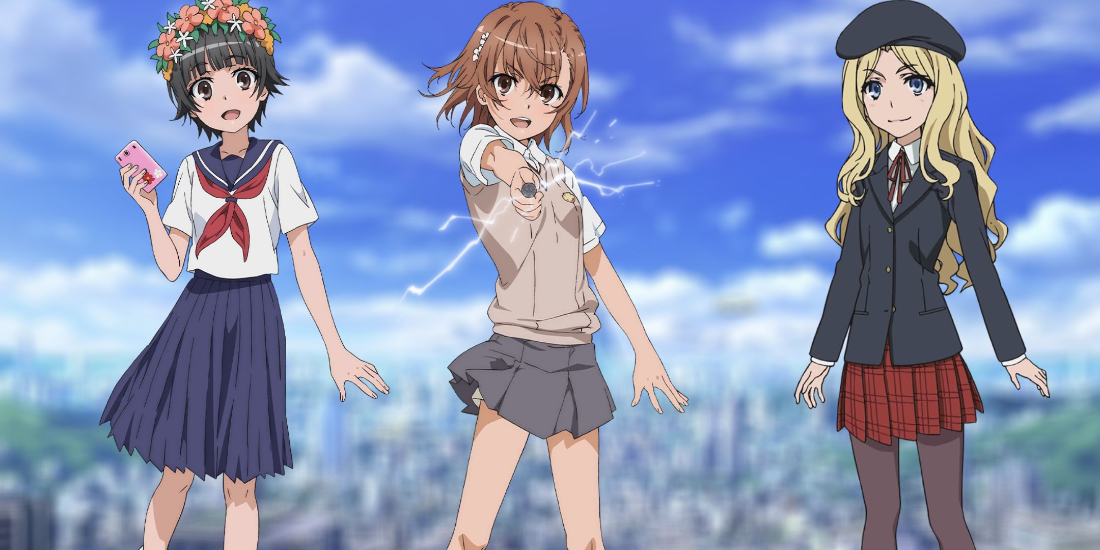 A collage of characters from A Certain Scientific Railgun such as Frenda, Misaka, and Uiharu.