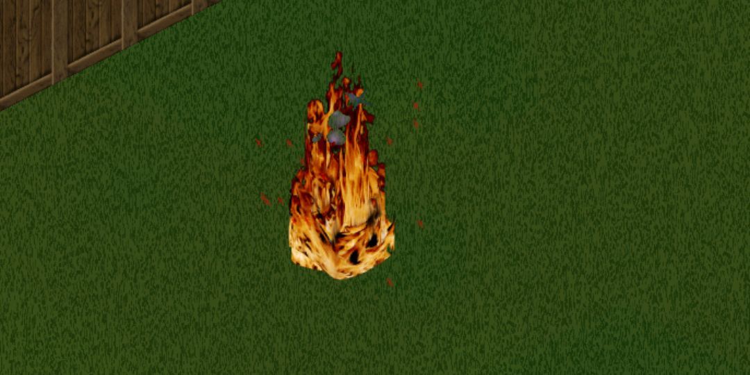 A flamingo statue bursts into flames in The Sims.