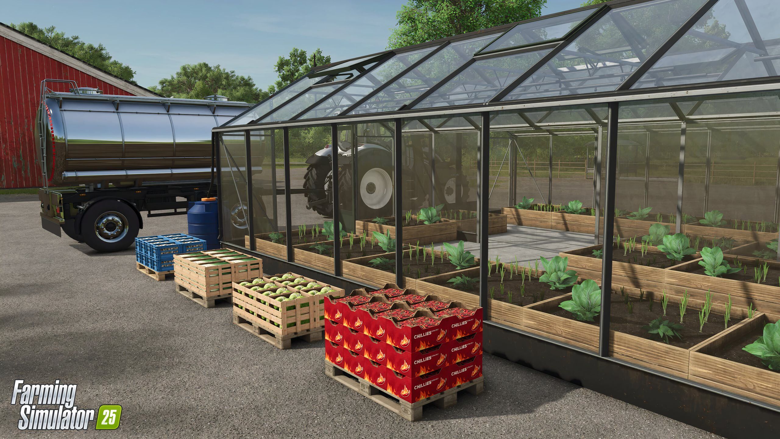 A greenhouse with plants and crates of vegetables in Farming Simulator.