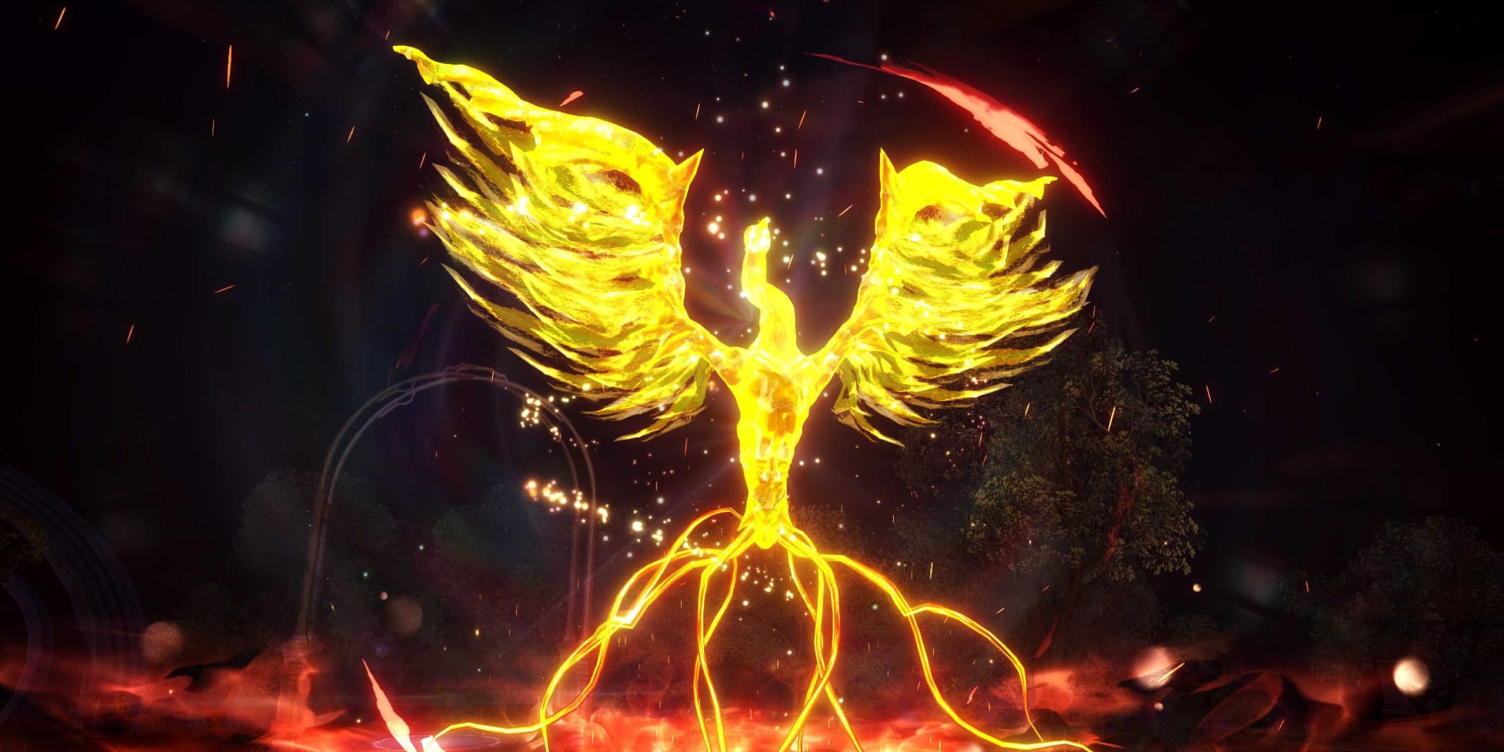 A large phoenix made of fire screaming into the air with its wings spread