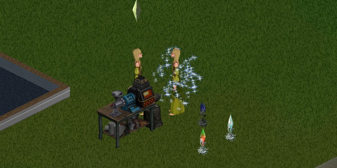 A Sim in a green dress clones herself with a spell in The Sims.