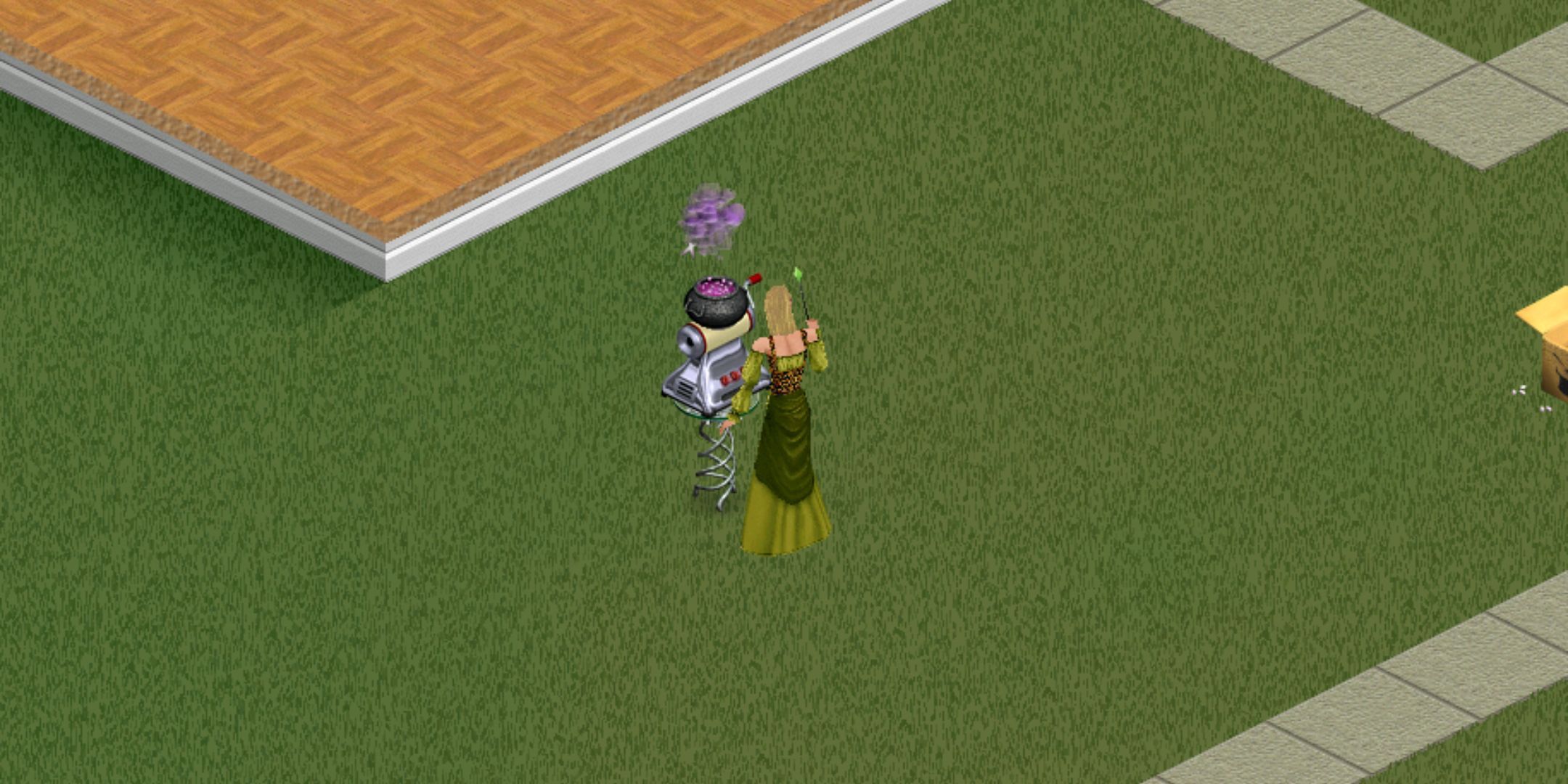 A Sim in a green dress prepares a spell in The Sims.