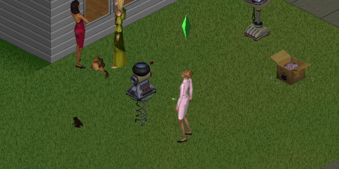 A Sim looks at a Sim who she has turned into a toad in The Sims.