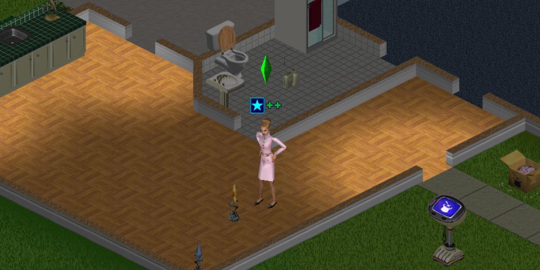 A Sim stands casting a spell that maxes her fame in The Sims.