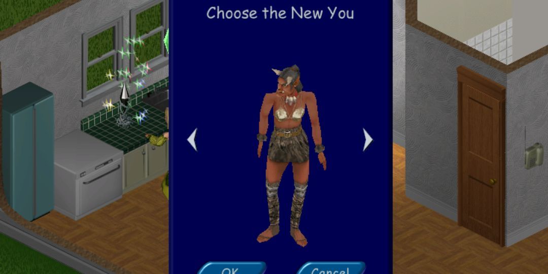 A Sim turns herself into an Orc in The Sims.