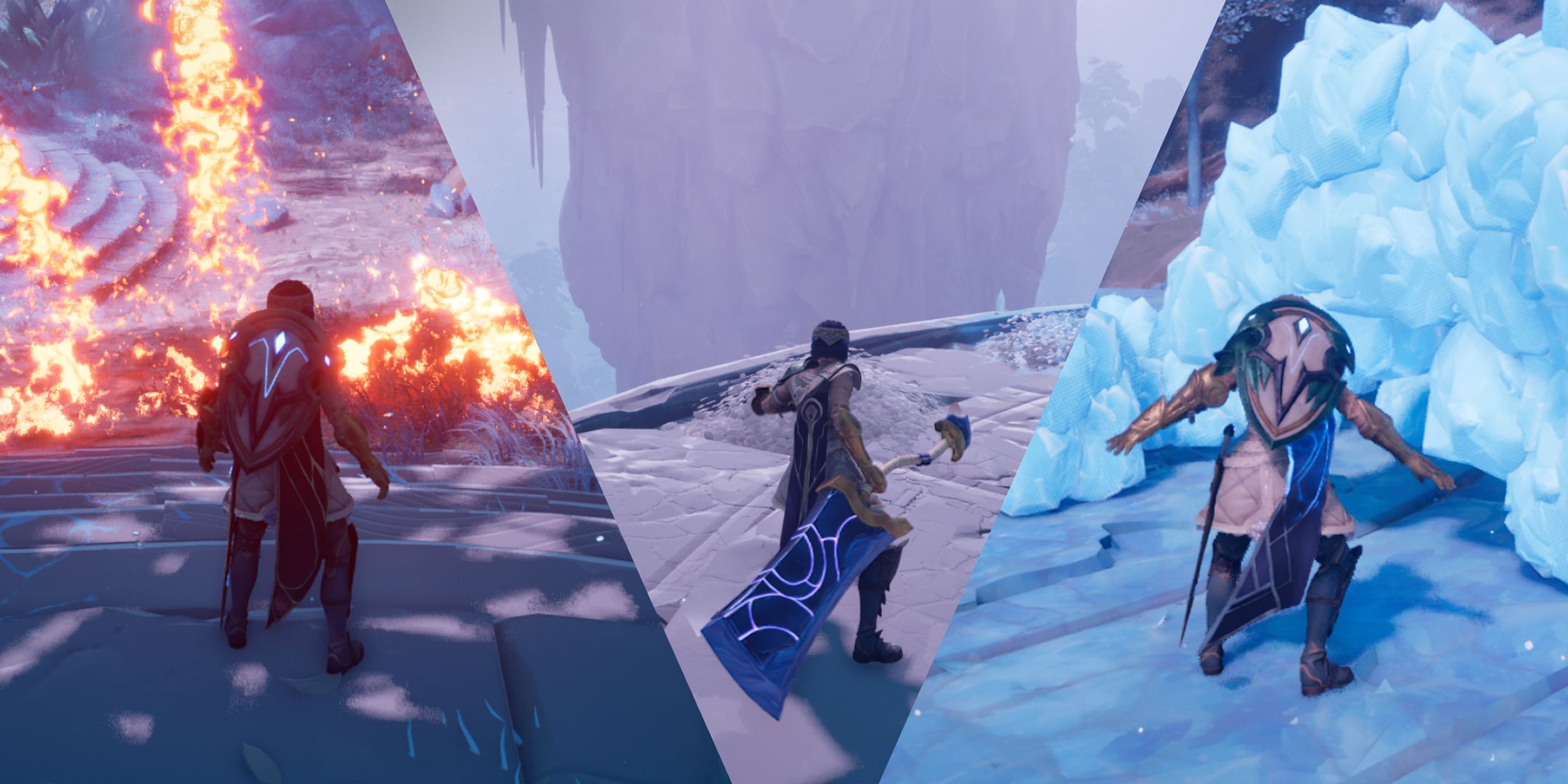A Split Image Featuring Brynn With Weapons And Magic From Eternal Strands.