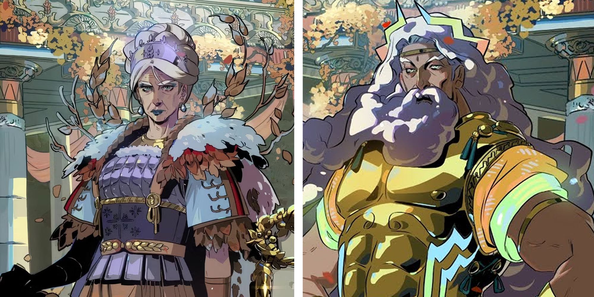 A split image of Demeter and Zeus from Hades 2.