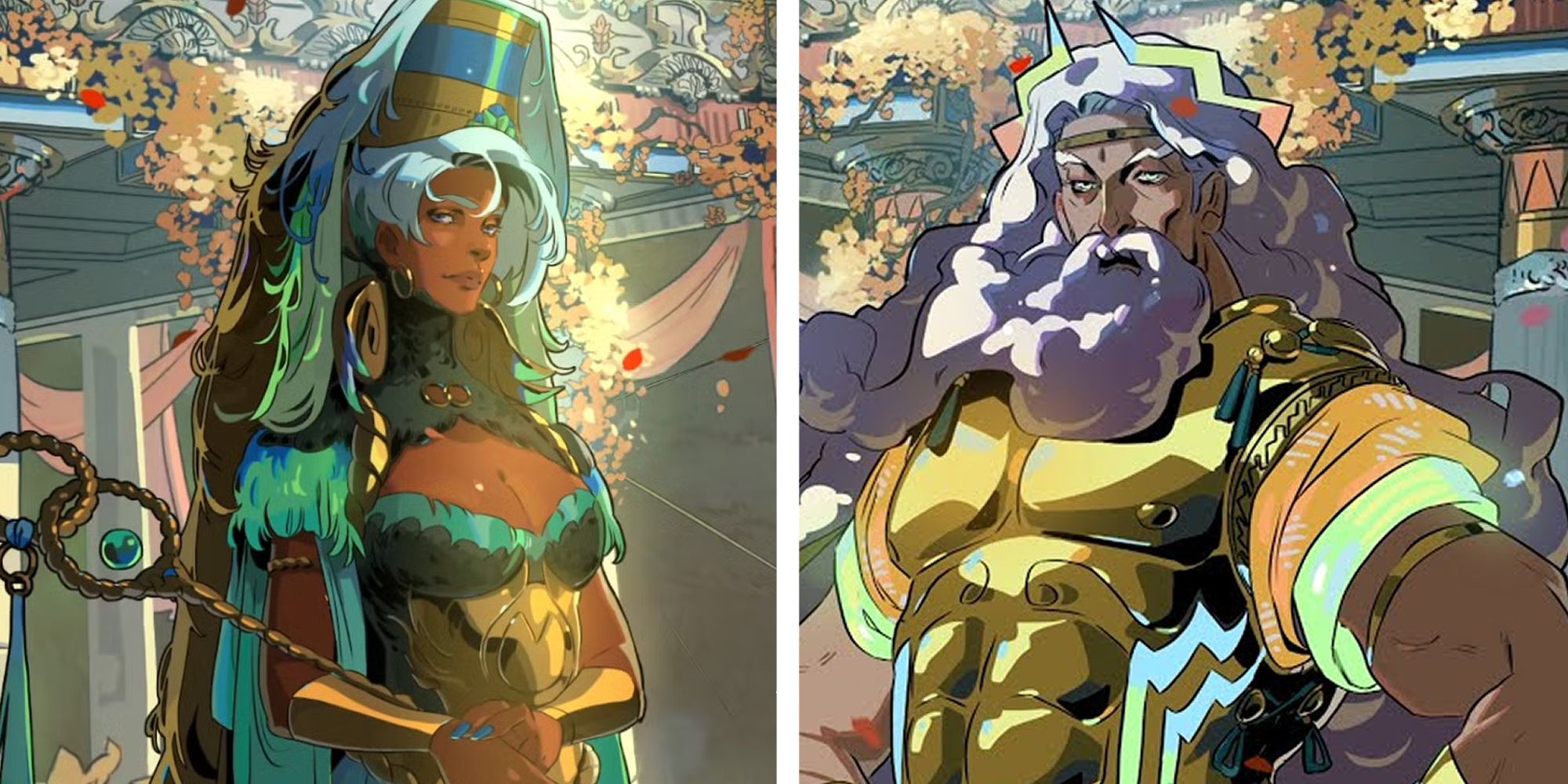 A split image of Hera and Zeus from Hades 2.