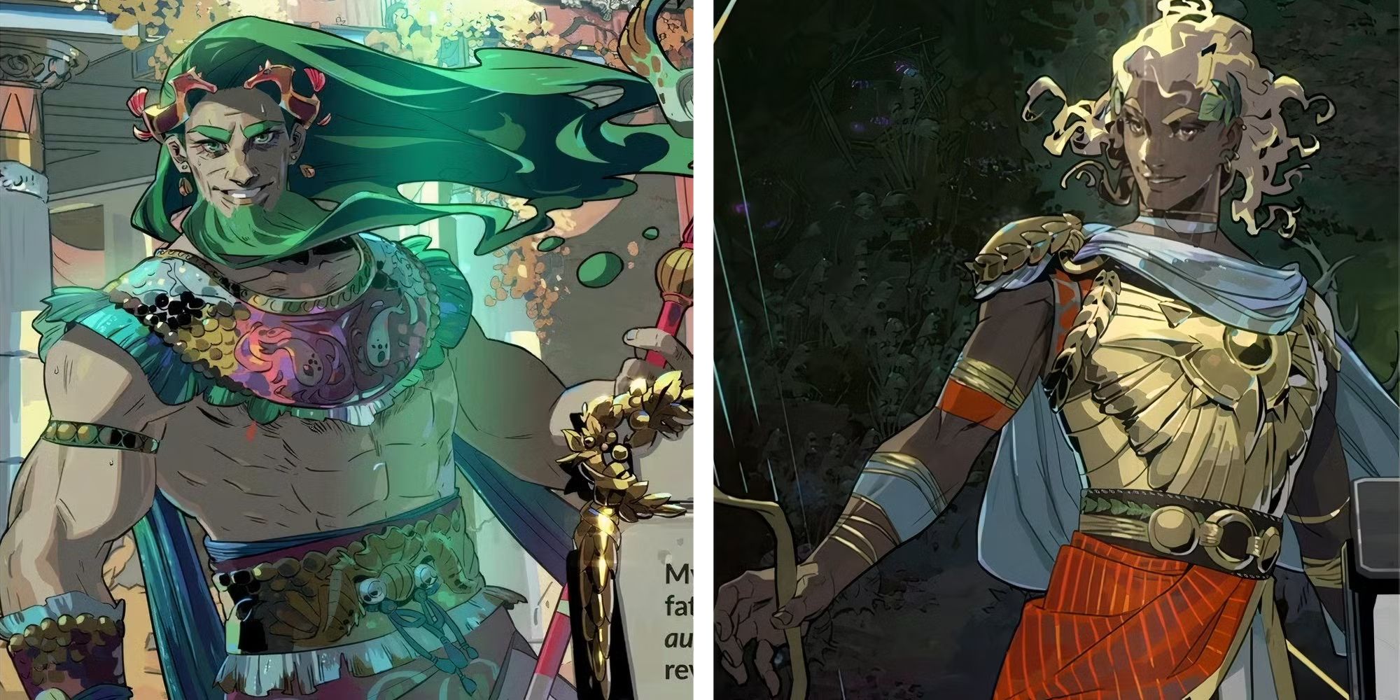 A split image of Poseidon and Apollo from Hades 2.