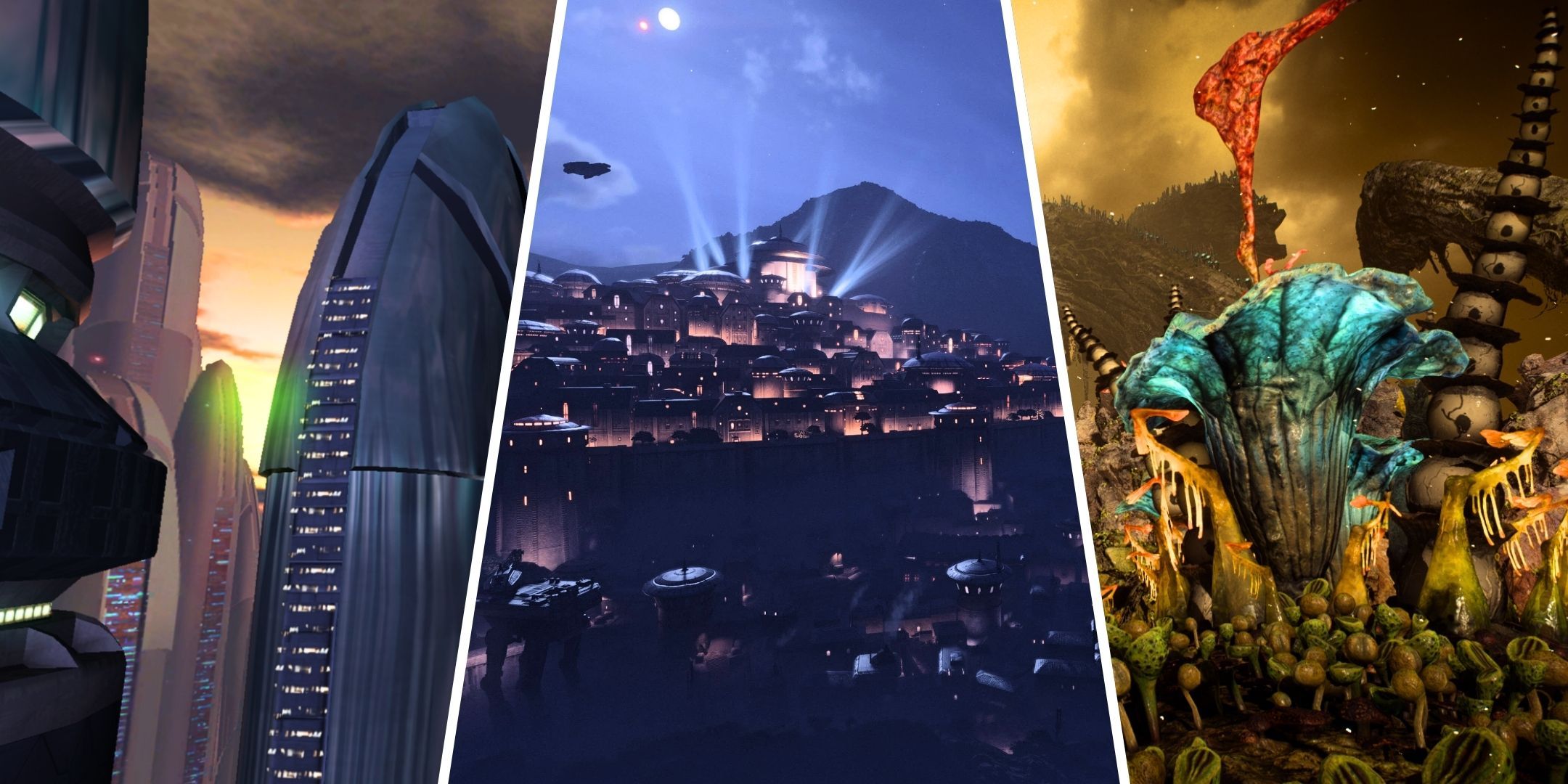 A split image of the planets Taris, Canto Bight, and Felucia from the Star Wars games.