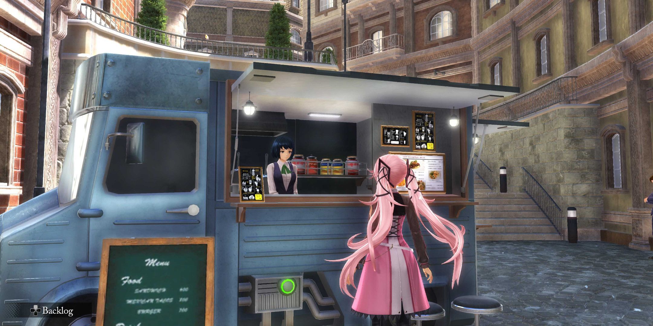 A young girl with pink hair and a pink dress speaking with a woman in a food truck