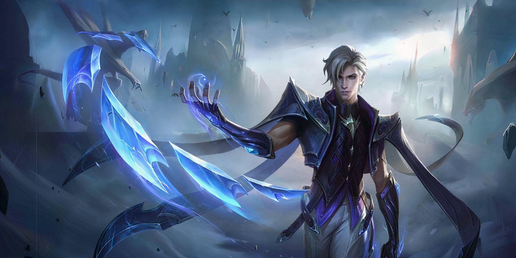 Aamon from Mobile Legends holding his arm out as telepathic blades surround him.