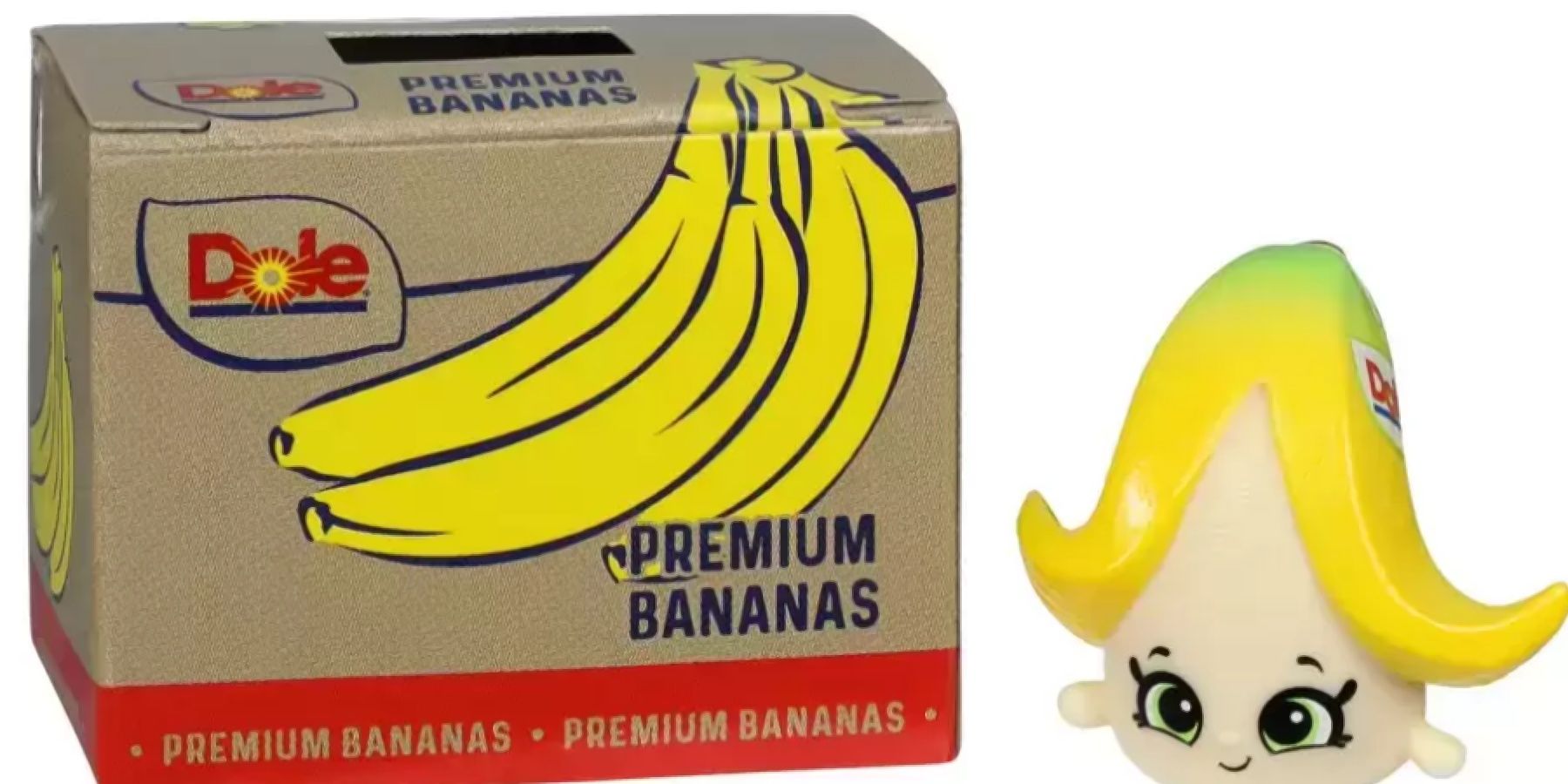 Image of Baby Banana Shopkin next to the Dole box it comes in.