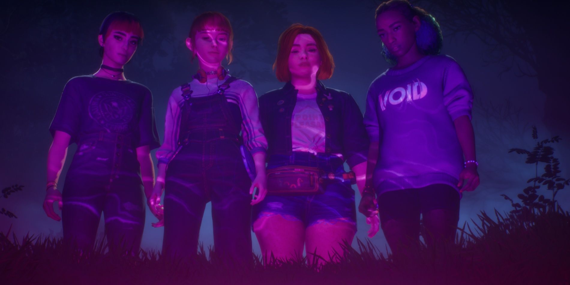 Image of Nora, Kat, Swann, and Autumn standing together looking down from Lost Records: Bloom and Rage.