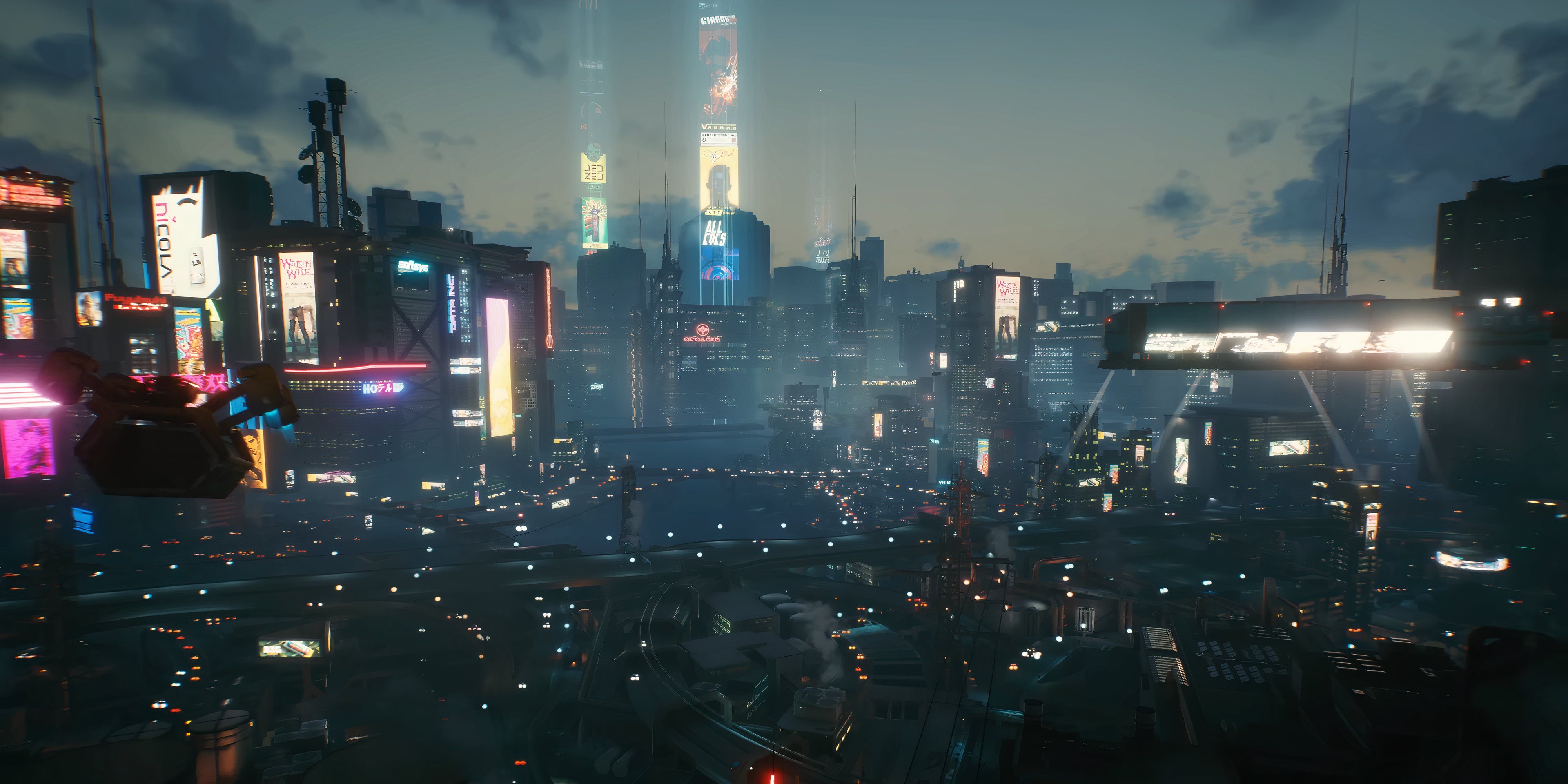 aerial shot of night city in cyberpunk 2077.