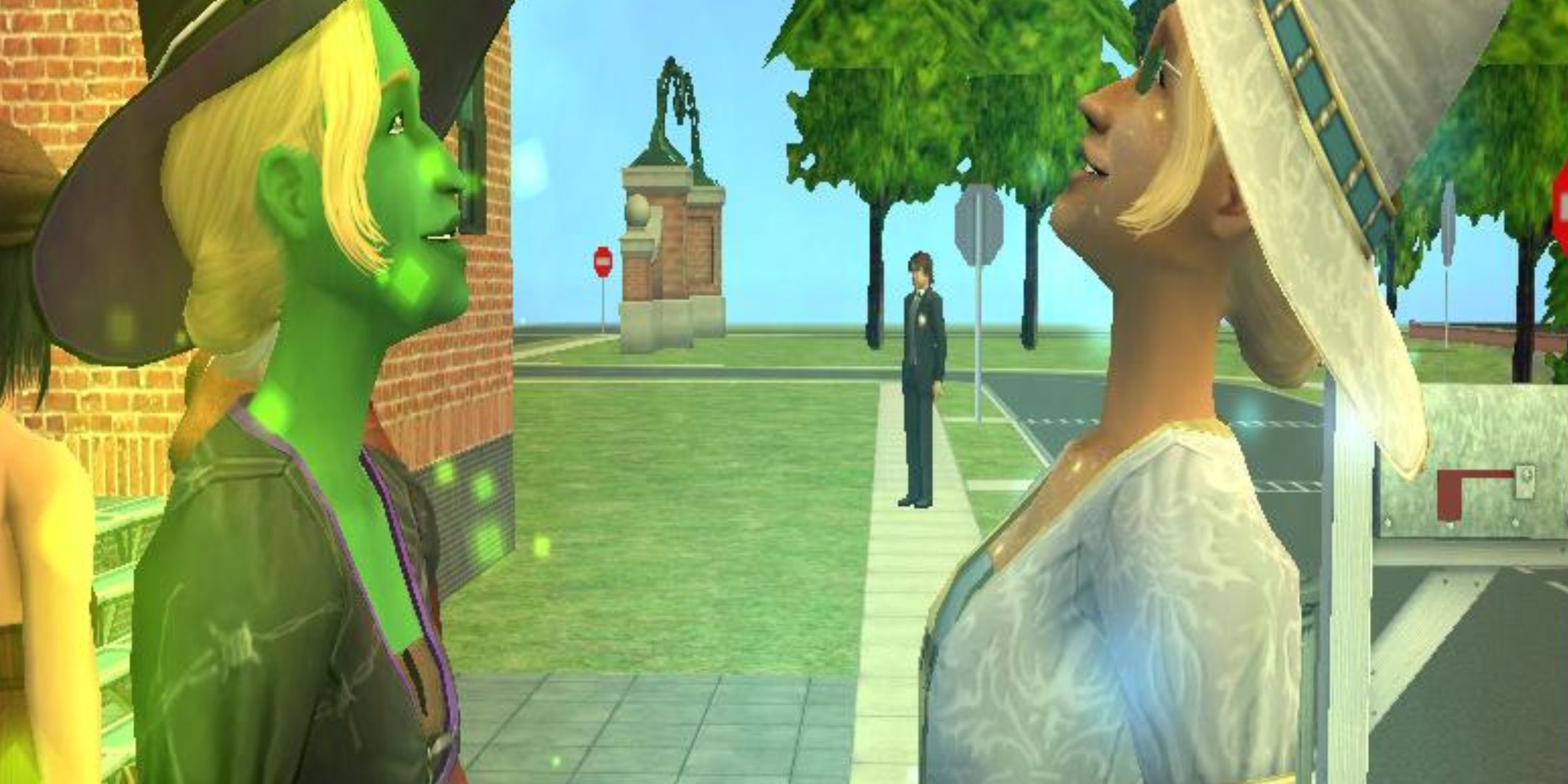 An Evil Witch and a Good Witch stare at each other in the Sims 2.