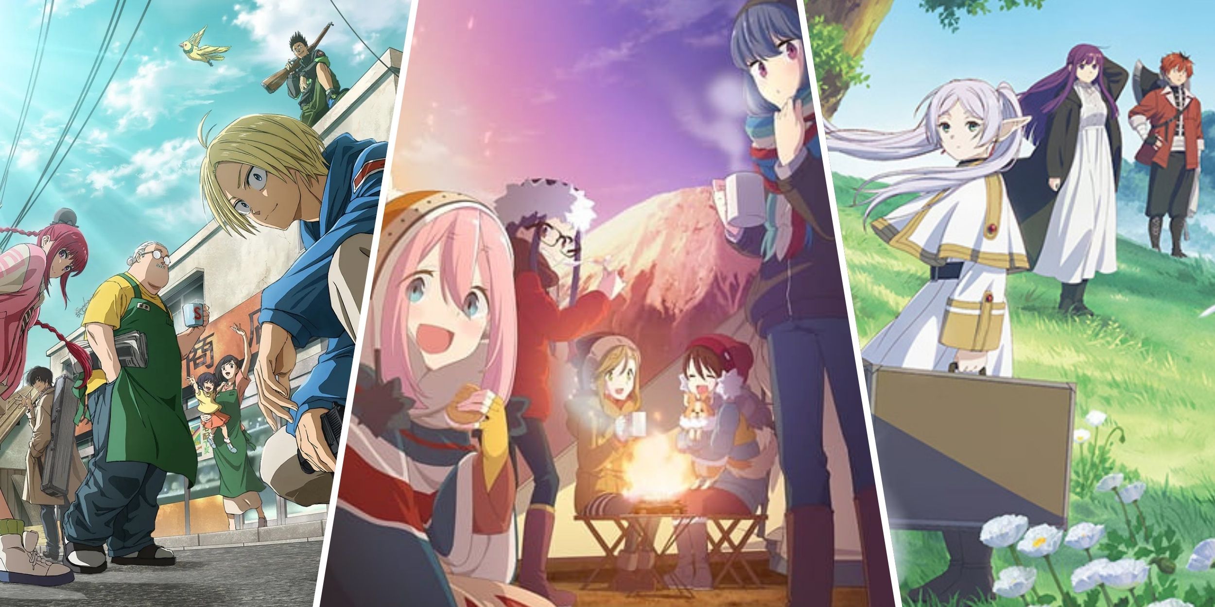 Images of Sakamoto Days, Yuru Camp, and Frieren.