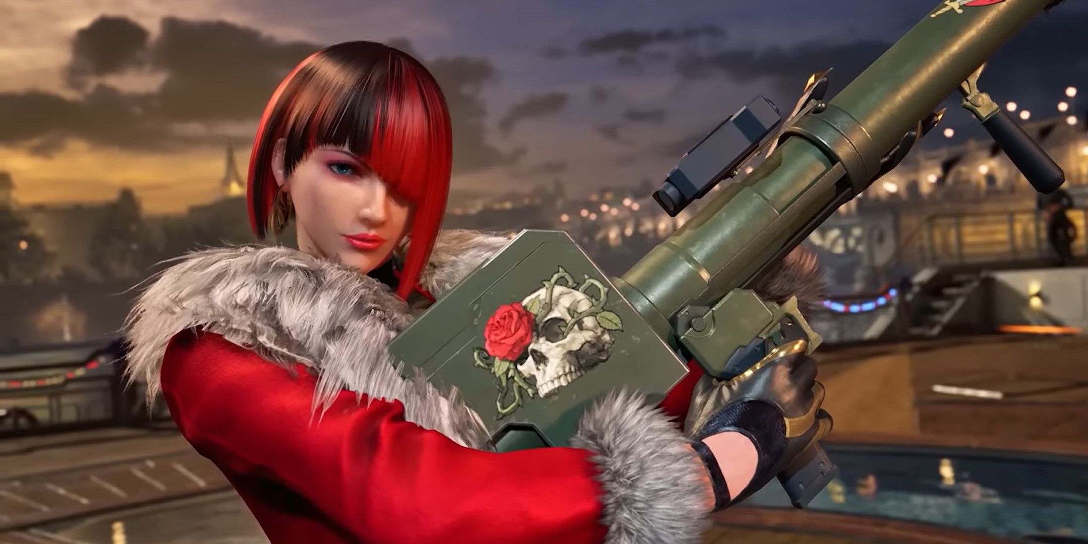 Anna Williams holding a rocket launcher