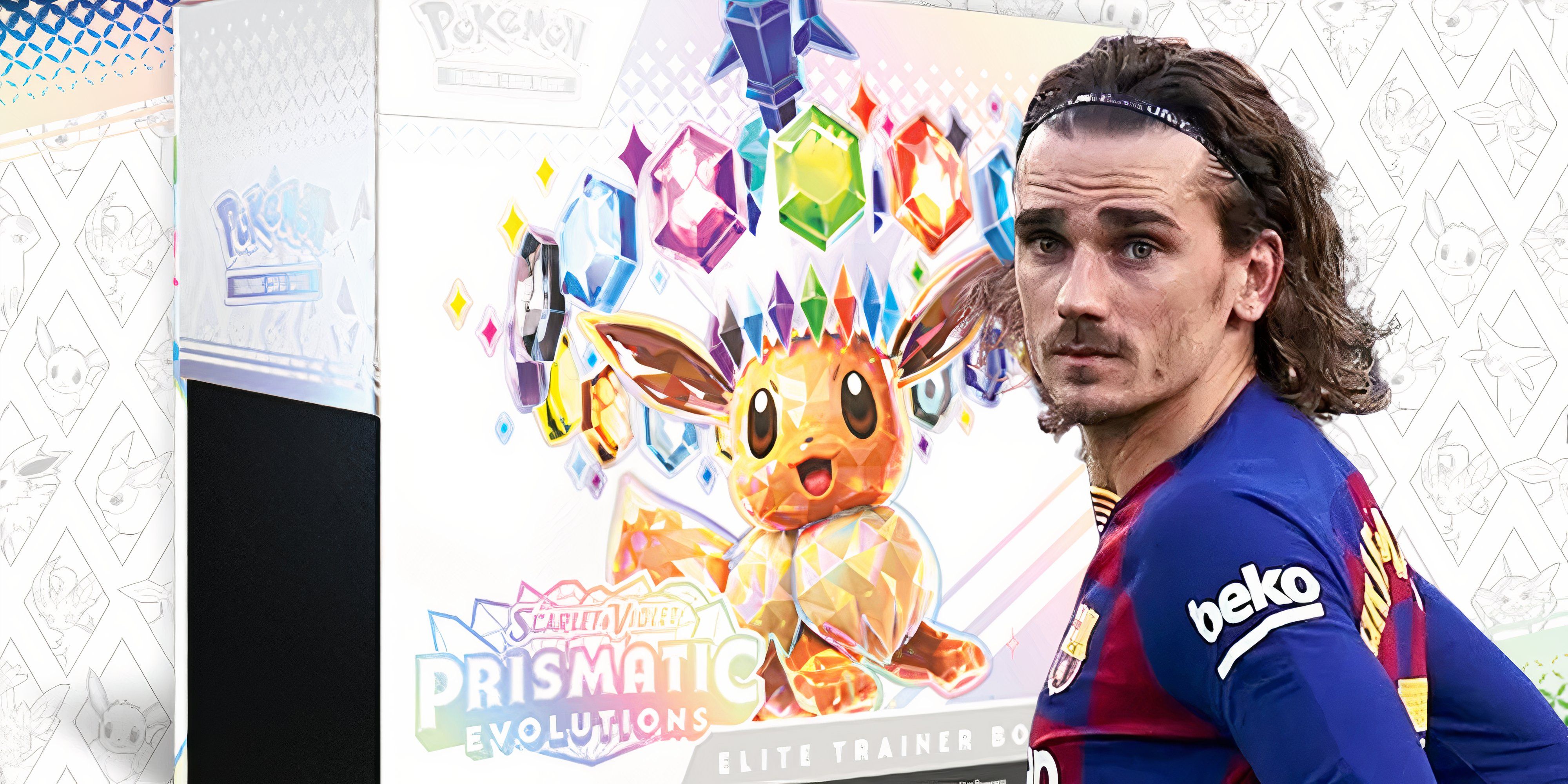 antoine griezmann standing in front of a prismatic evolutions elite trainer box.