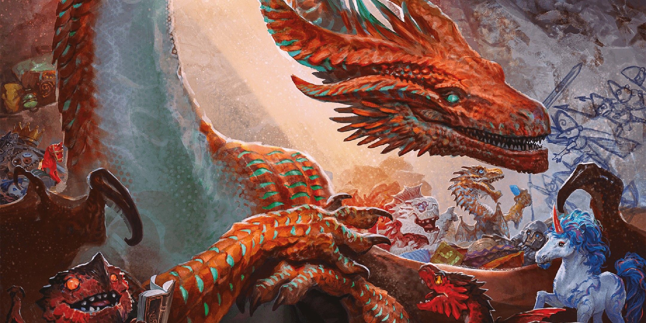 Dungeons & Dragons image showing an ancient copper dragon surrounded by baby dragons and a baby unicorn.