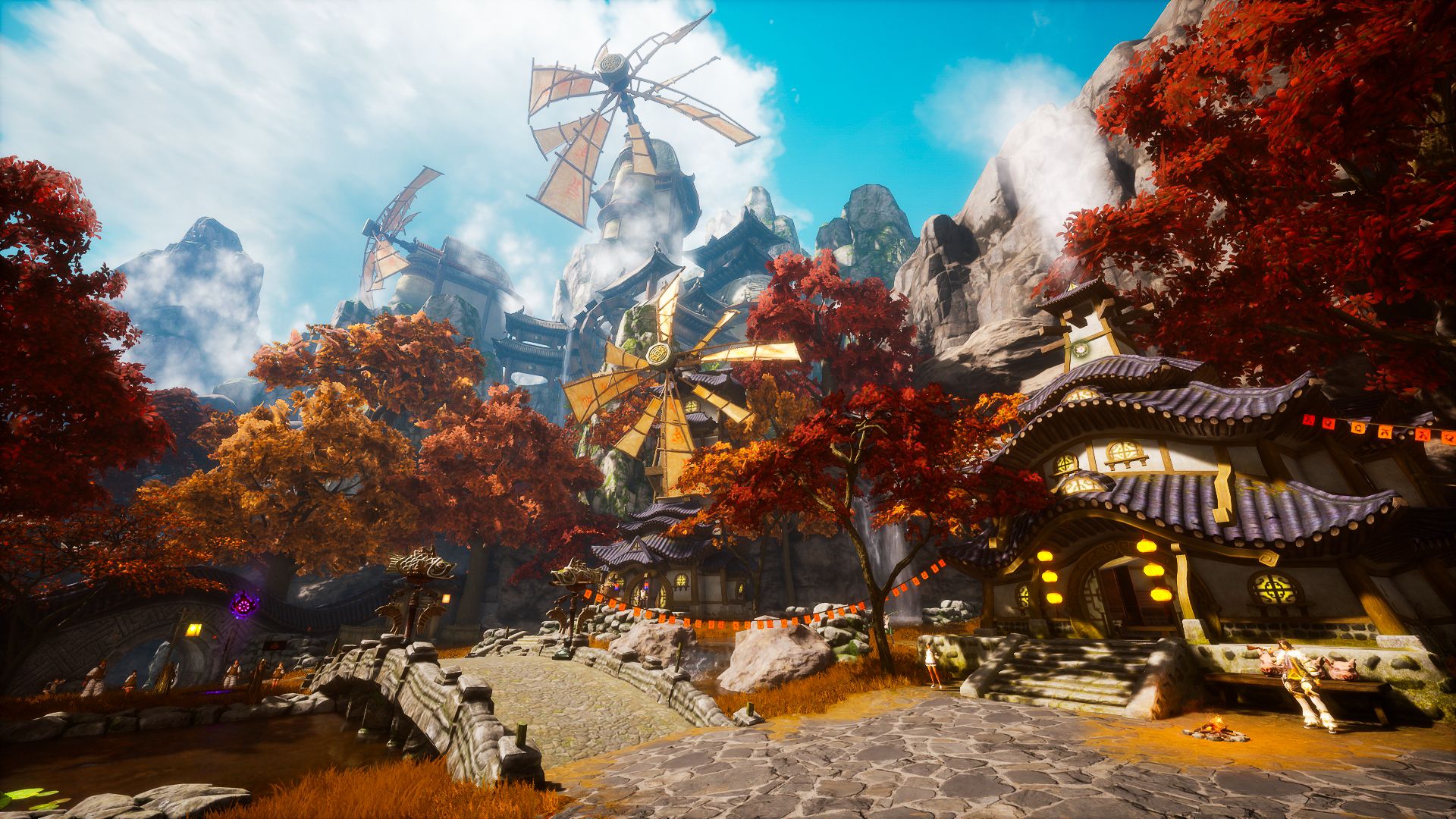 A beautiful autumn landscape showing trees, a mill, and a house in Blade &amp; Soul NEO.