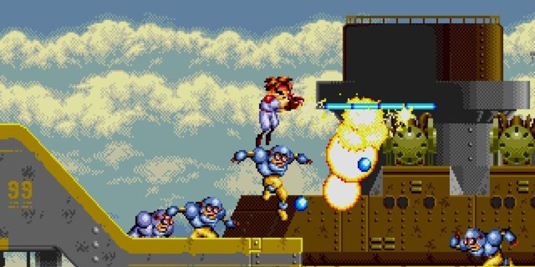 Red in Gunstar Heroes shooting enemies on a floating gunship.