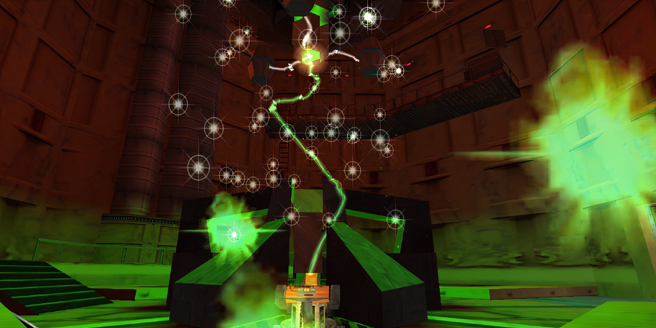 Green electricity shooting around a control room in Half-Life.