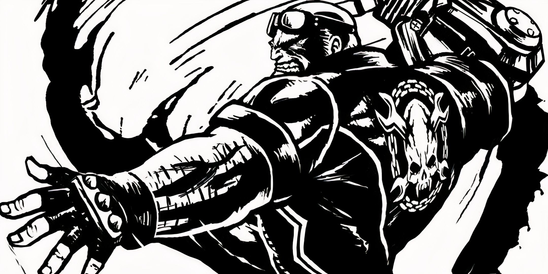 Main character of MadWorld wielding their chainsaw.