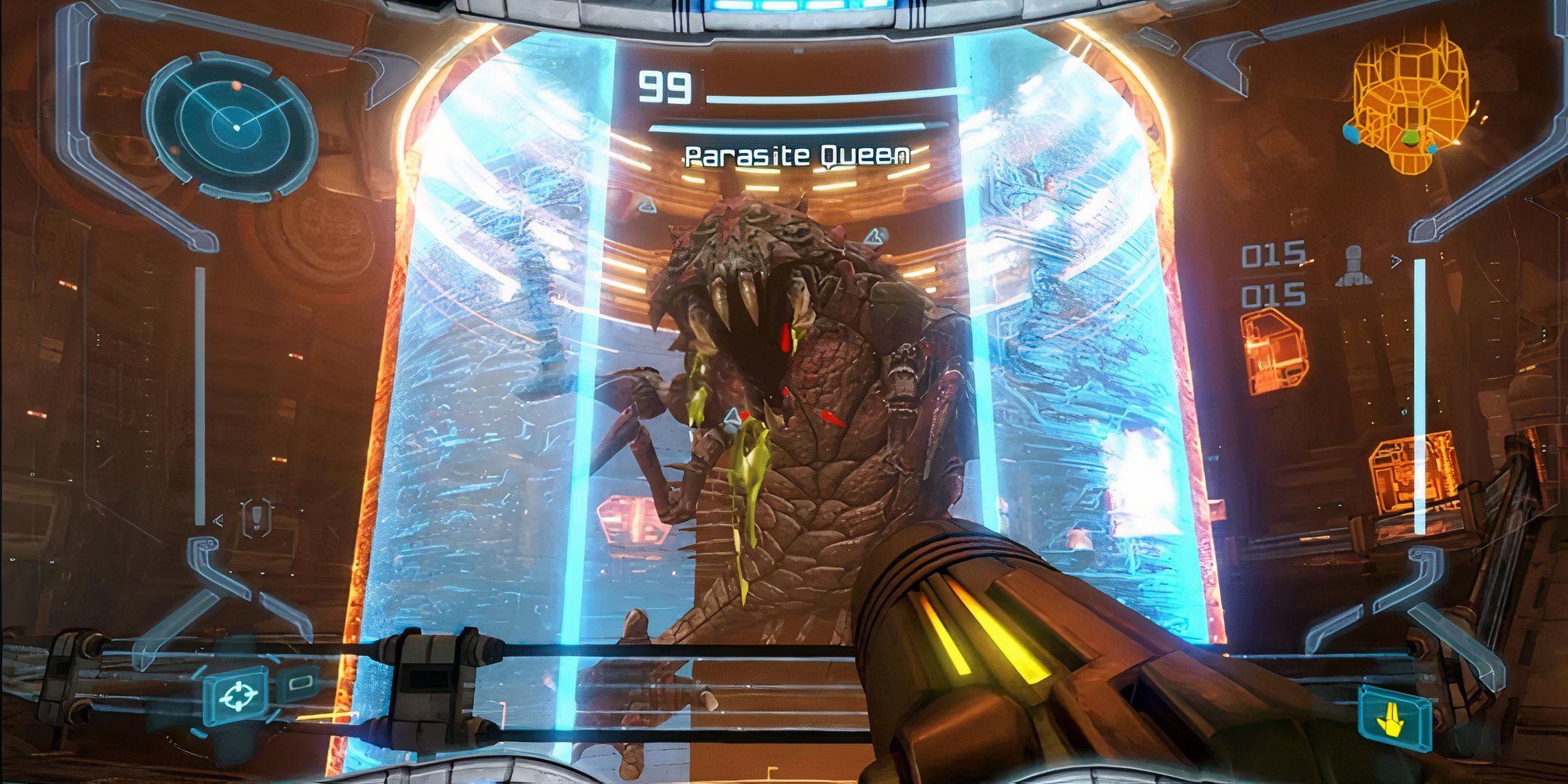 Samus shooting at the Parasite Queen in Metroid Prime.